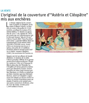 L&rsquo;original de la couverture d&rsquo;&ldquo;Ast&eacute;rix et Cl&eacute;op&acirc;tre&rdquo; mis aux ench&egrave;res